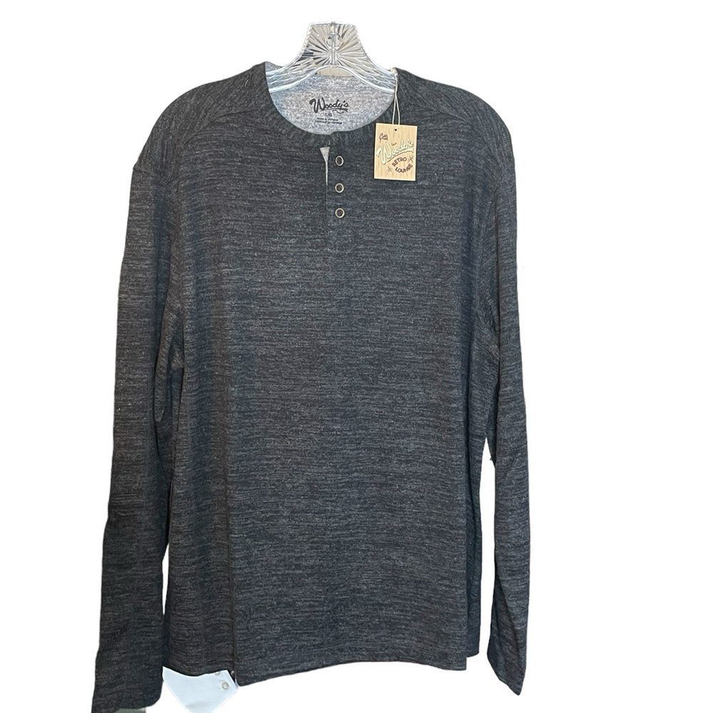 Woody’s Retro Lounge Heathered Gray Henley, Size‎ Large, NWT